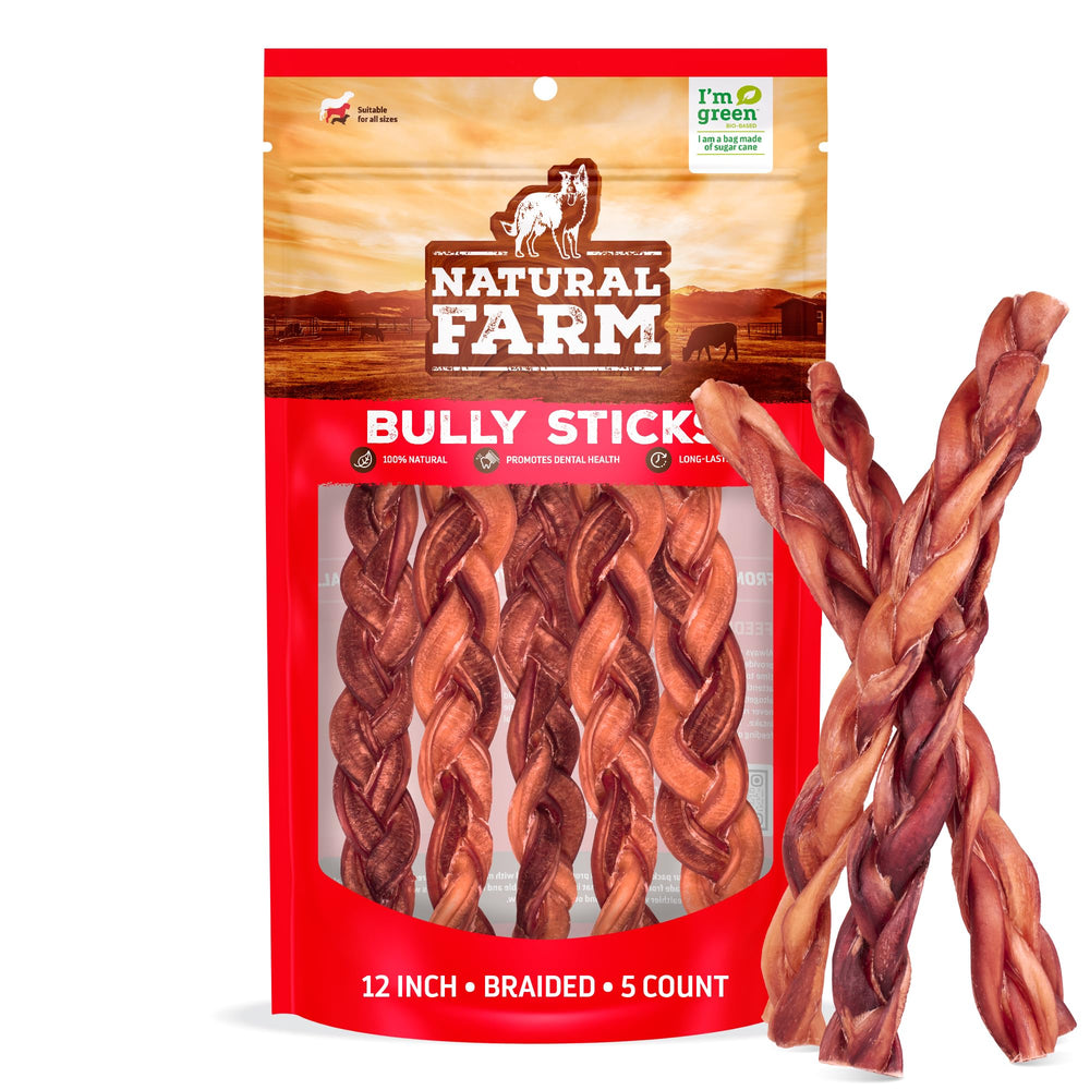 Natural Farm Odor-Free Bully Sticks 12-inch pack front view, long-lasting chew.