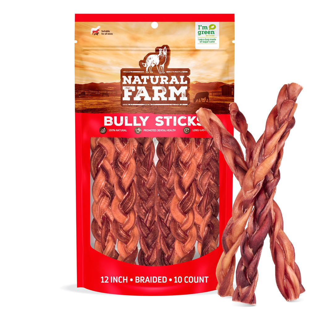 Natural Farm odor-free braided bully sticks 12-inch pack for longer, cleaner chews.