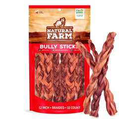 Natural Farm odor-free braided bully sticks 12-inch pack for longer, cleaner chews.