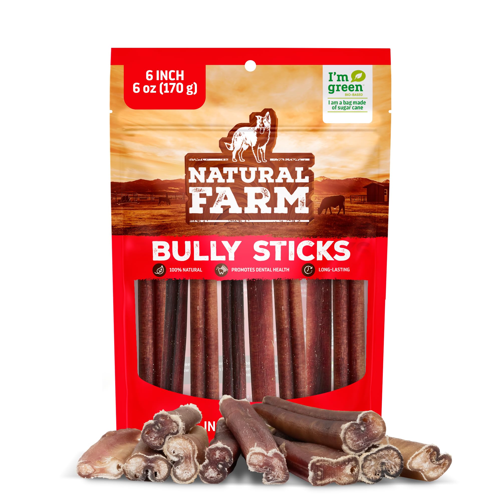 Natural Farm Odor-Free Bully Sticks 6-inch packaging by weight, highlighting quality and weight accuracy for dogs