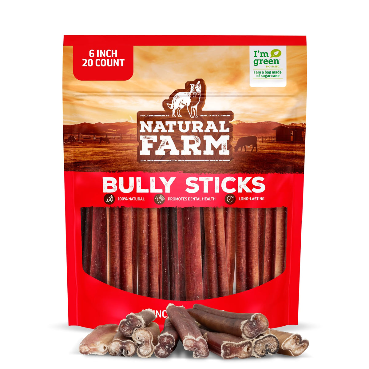 Natural Farm odor-free bully sticks 6inch pack for dogs, long-lasting chew.