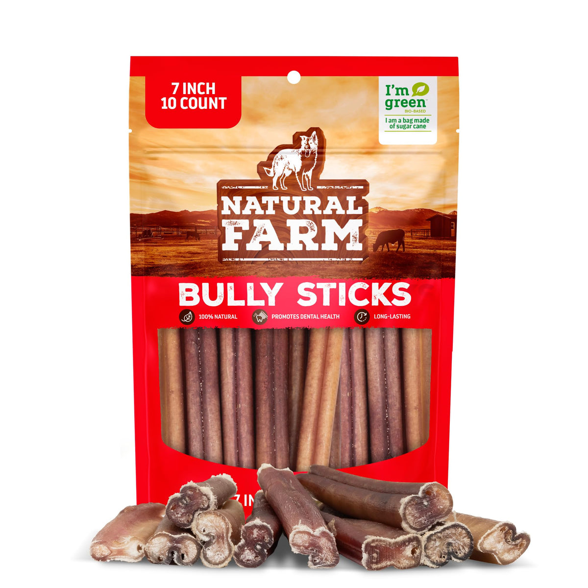 Natural Farm Odor Free Bully Sticks 7-Inch pack image showing long chews for dogs