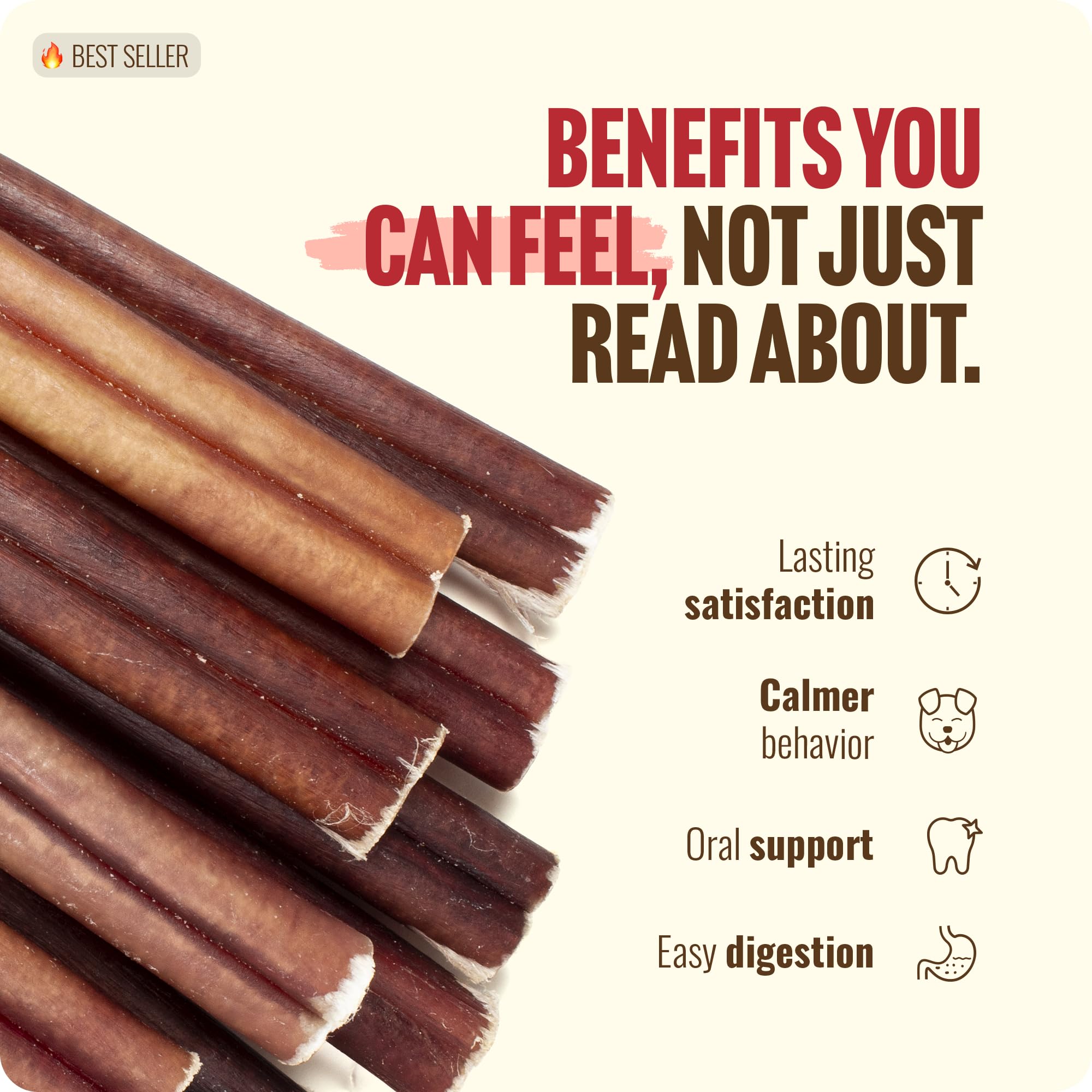 Natural Farm odor-free bully sticks promoting dental care during chewing.