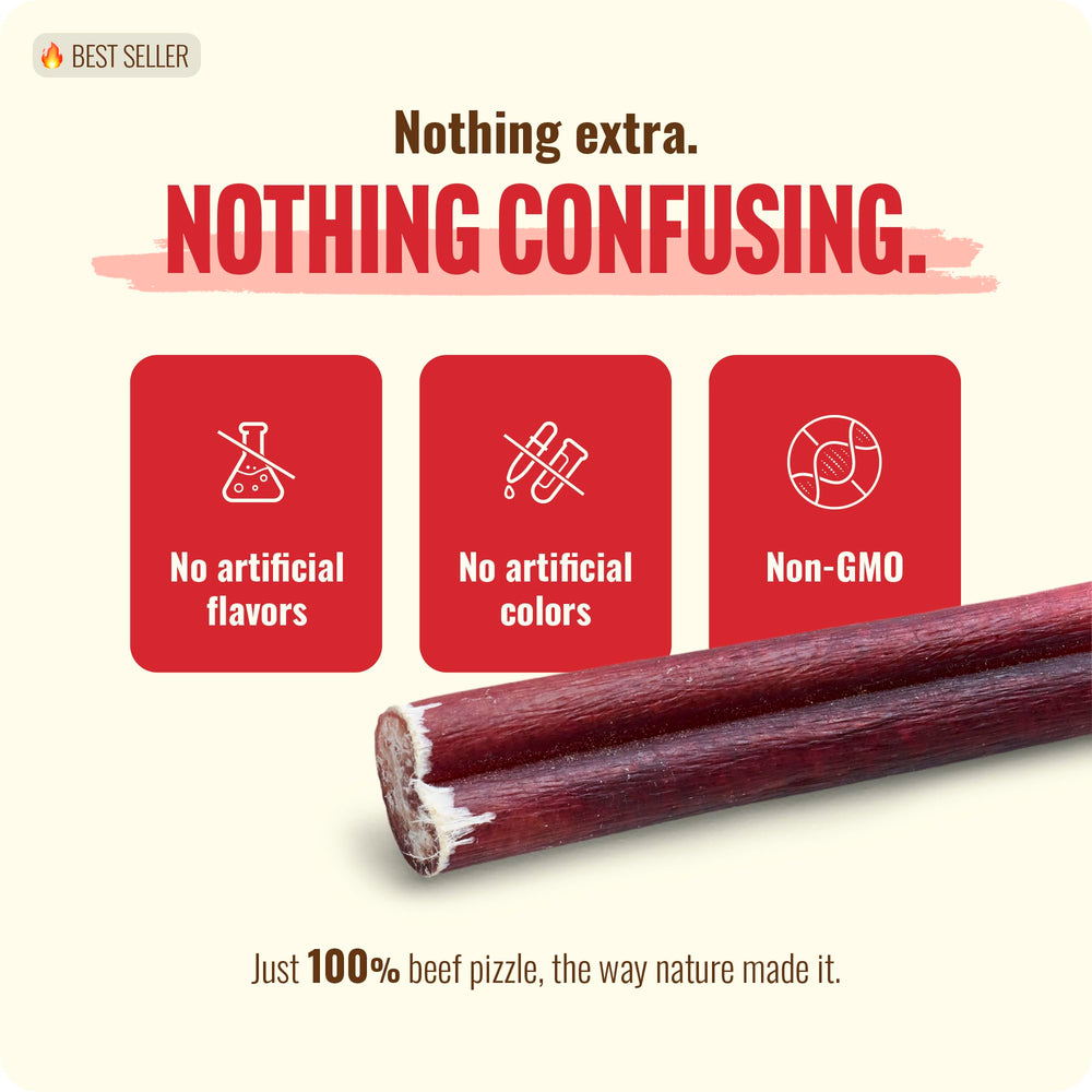 Natural Farm odor-free bully sticks 100% beef ingredients shown.