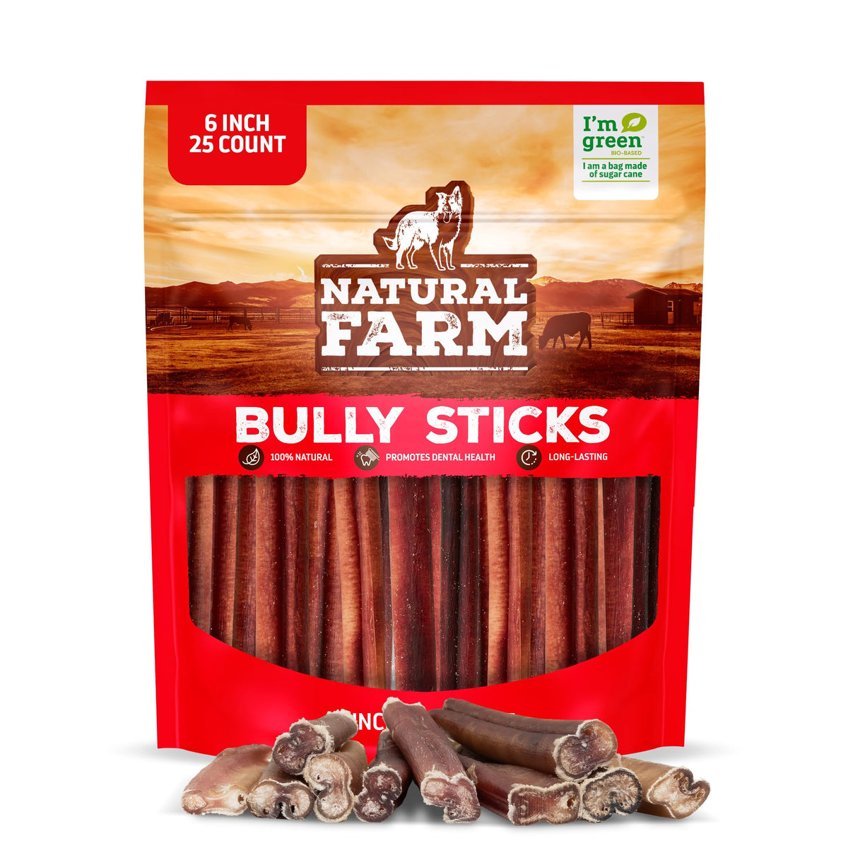 Natural FarmOdor-Free Bully Sticks packaging shows premium beef chews for dogs.