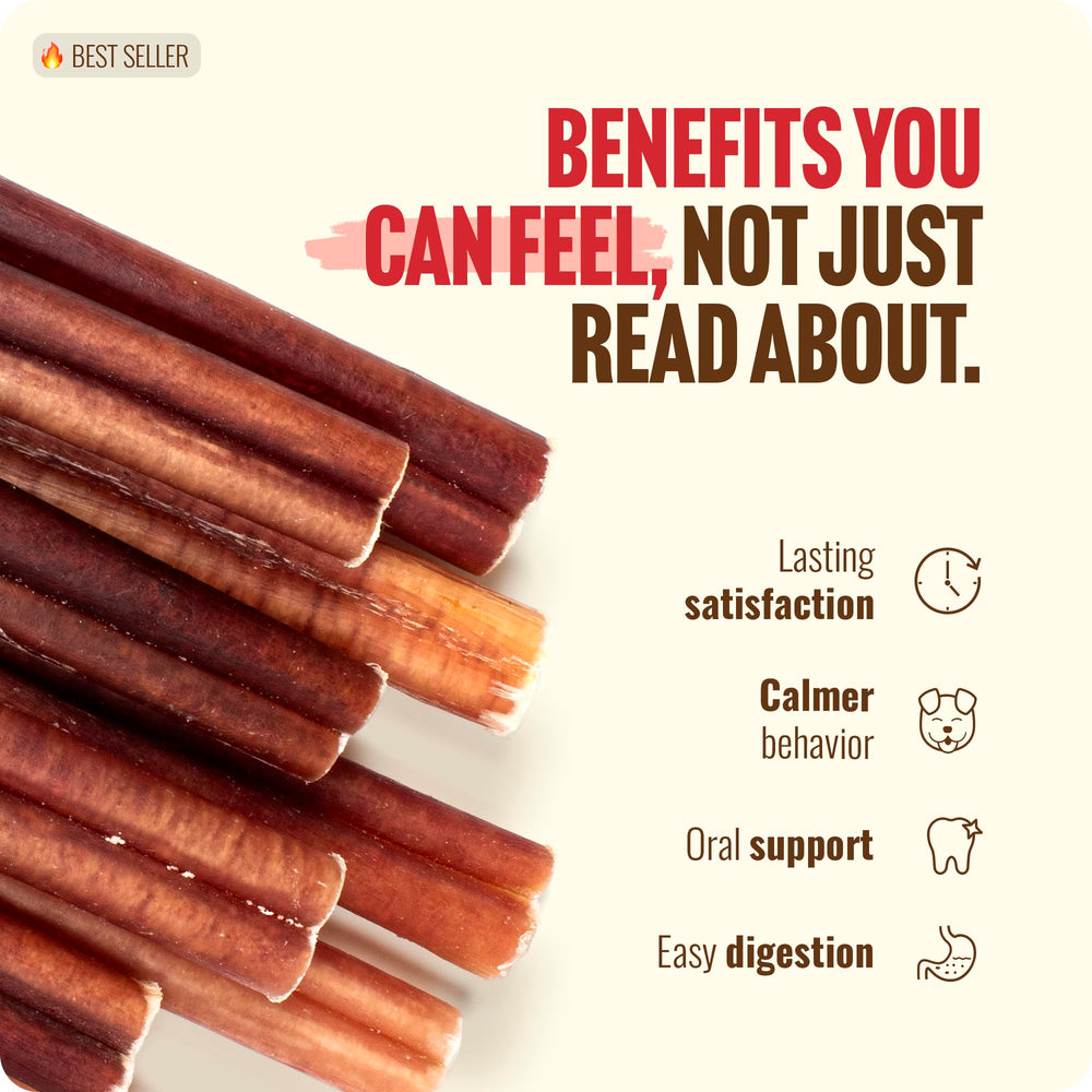 Natural Farm Odor-Free Bully Sticks with a puppy chewing scene