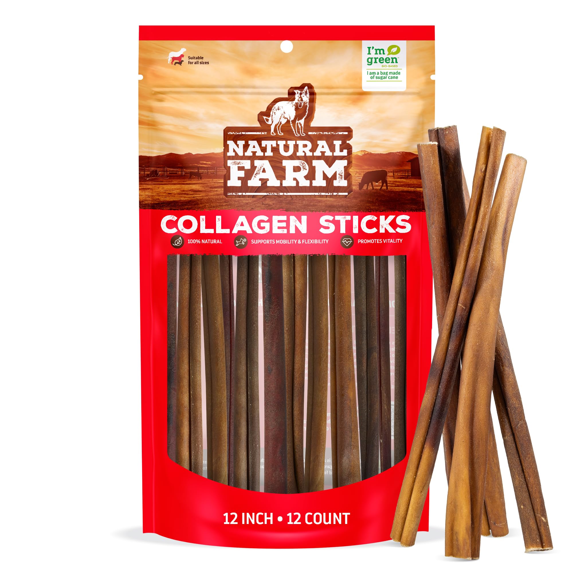 Natural Farm odor-free collagen chews in 12-inch pack provide long-lasting chew for dogs