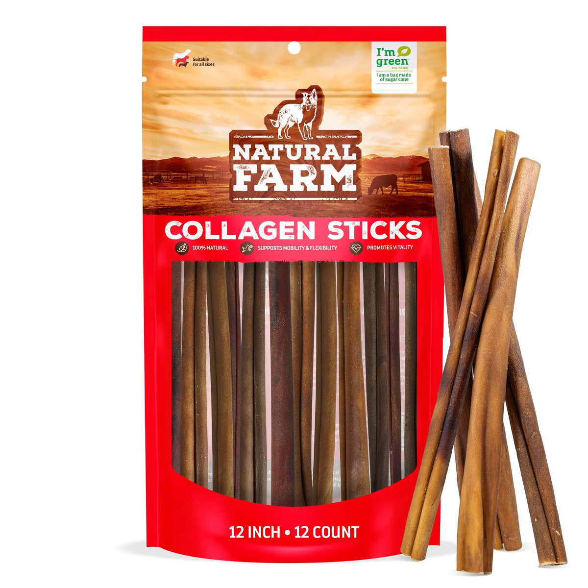 Natural Farm odor-free collagen chews in 12-inch pack provide long-lasting chew for dogs