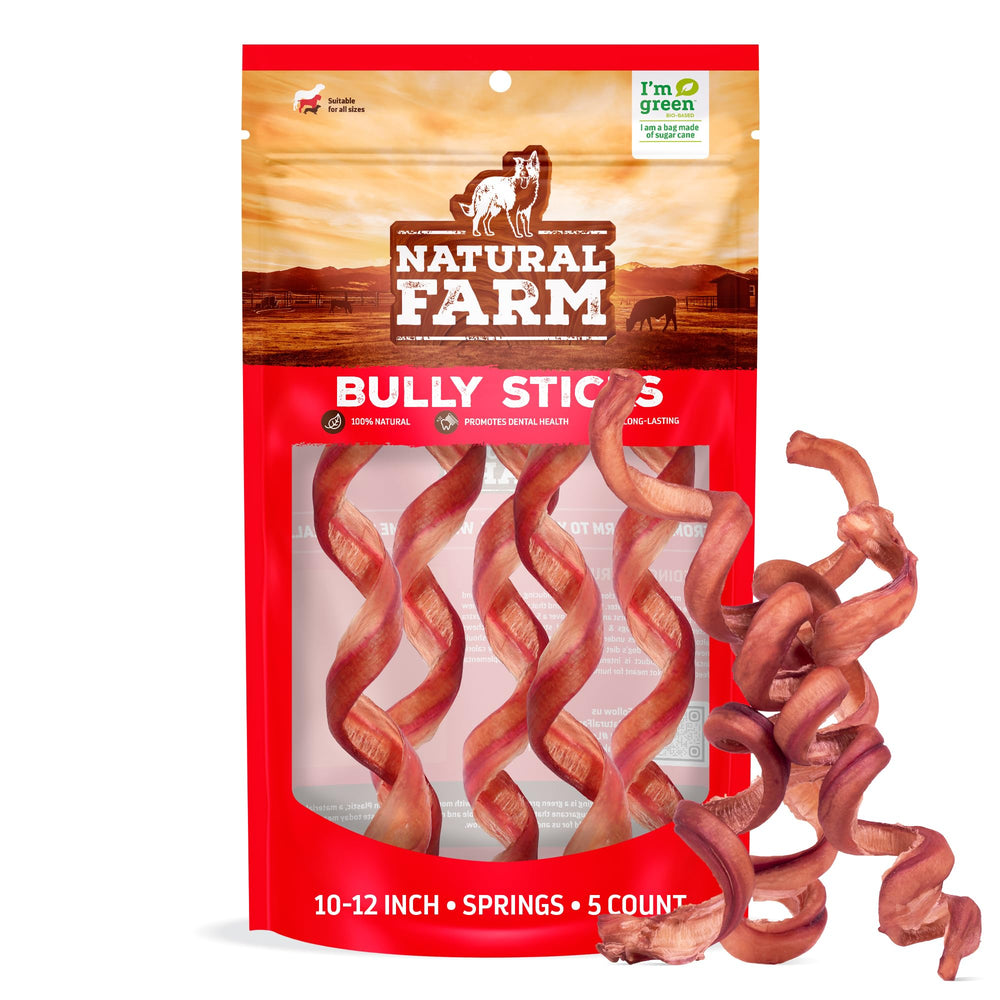 Natural Farm odor-free curly bully sticks for dogs, 10-12 inch, easy to store.