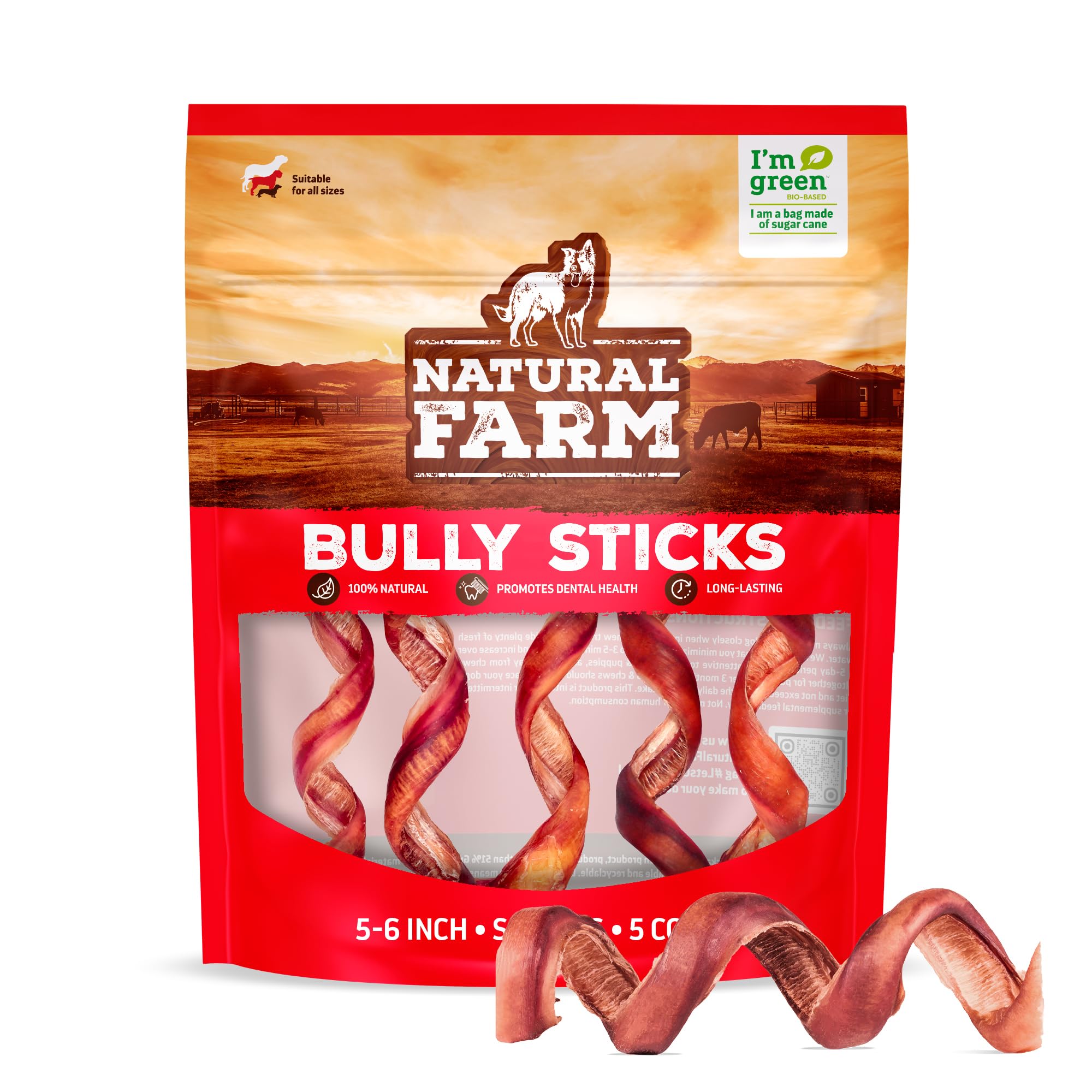 Natural Farm Odor-Free Curly Bully Sticks pack shot for easy 5–6 inch chews
