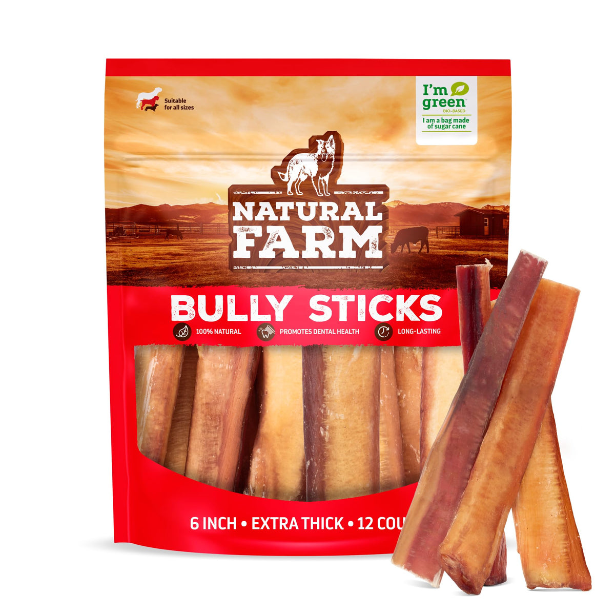 Natural Farm Odor Free Jumbo Bully Sticks pack shot, long-lasting chew.