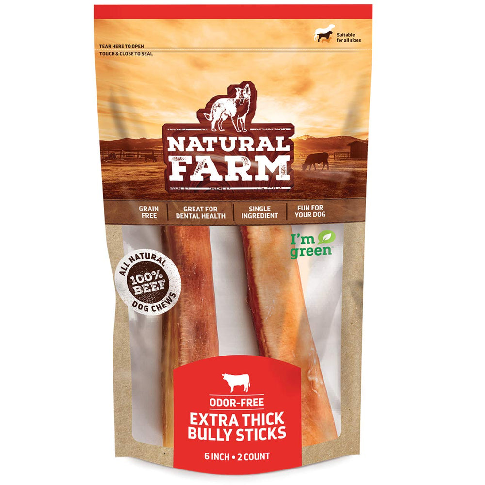 Natural Farm odor-free jumbo bully sticks for dogs; longer chew for dental health.