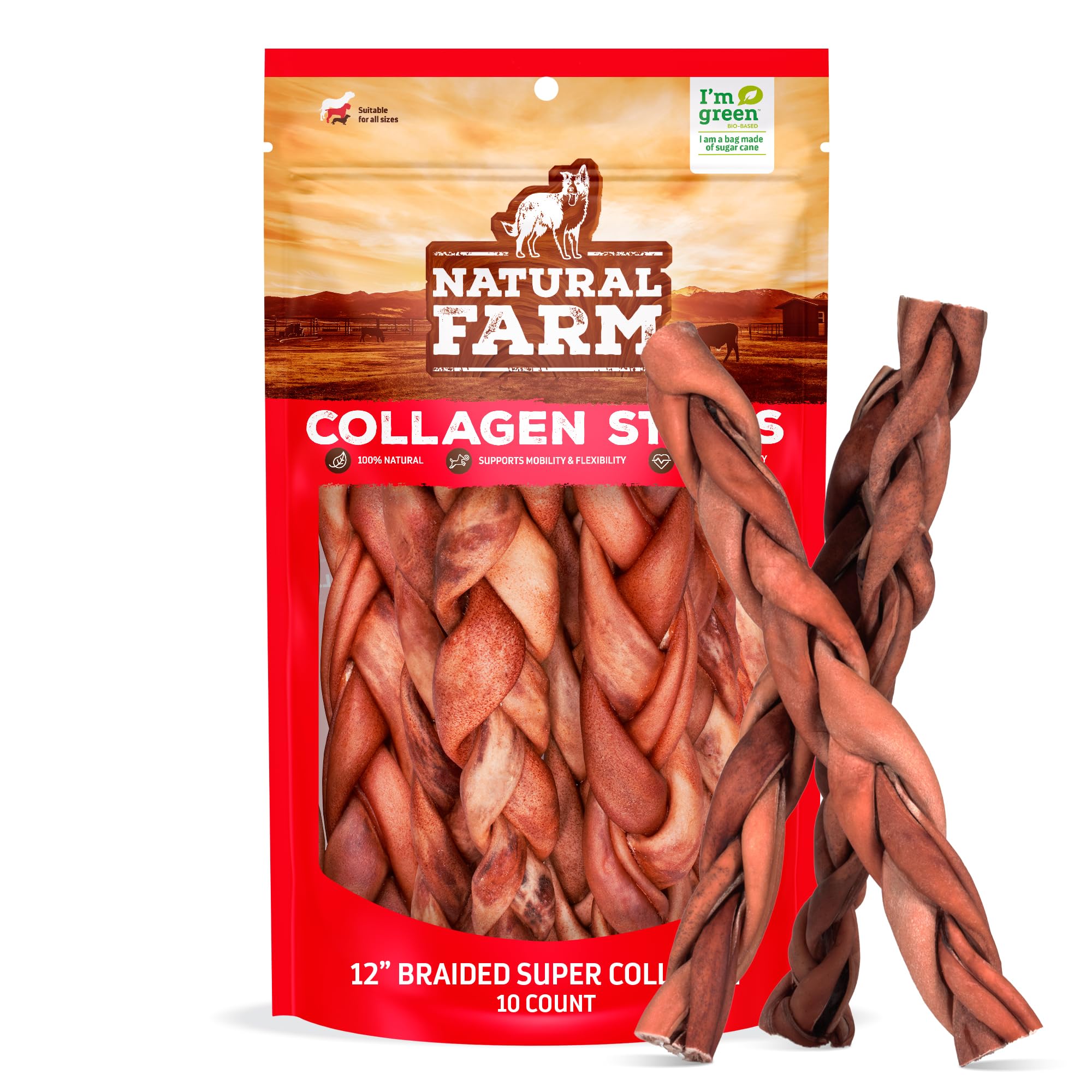 Natural Farm odor-free braided collagen chews in a 12-inch pack for extended chew time