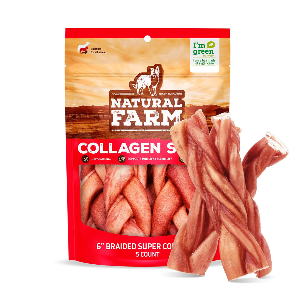 Natural Farm Odor-Free Super Braided Collagen Dog Chews packaging showcases a clean, premium design for shoppers