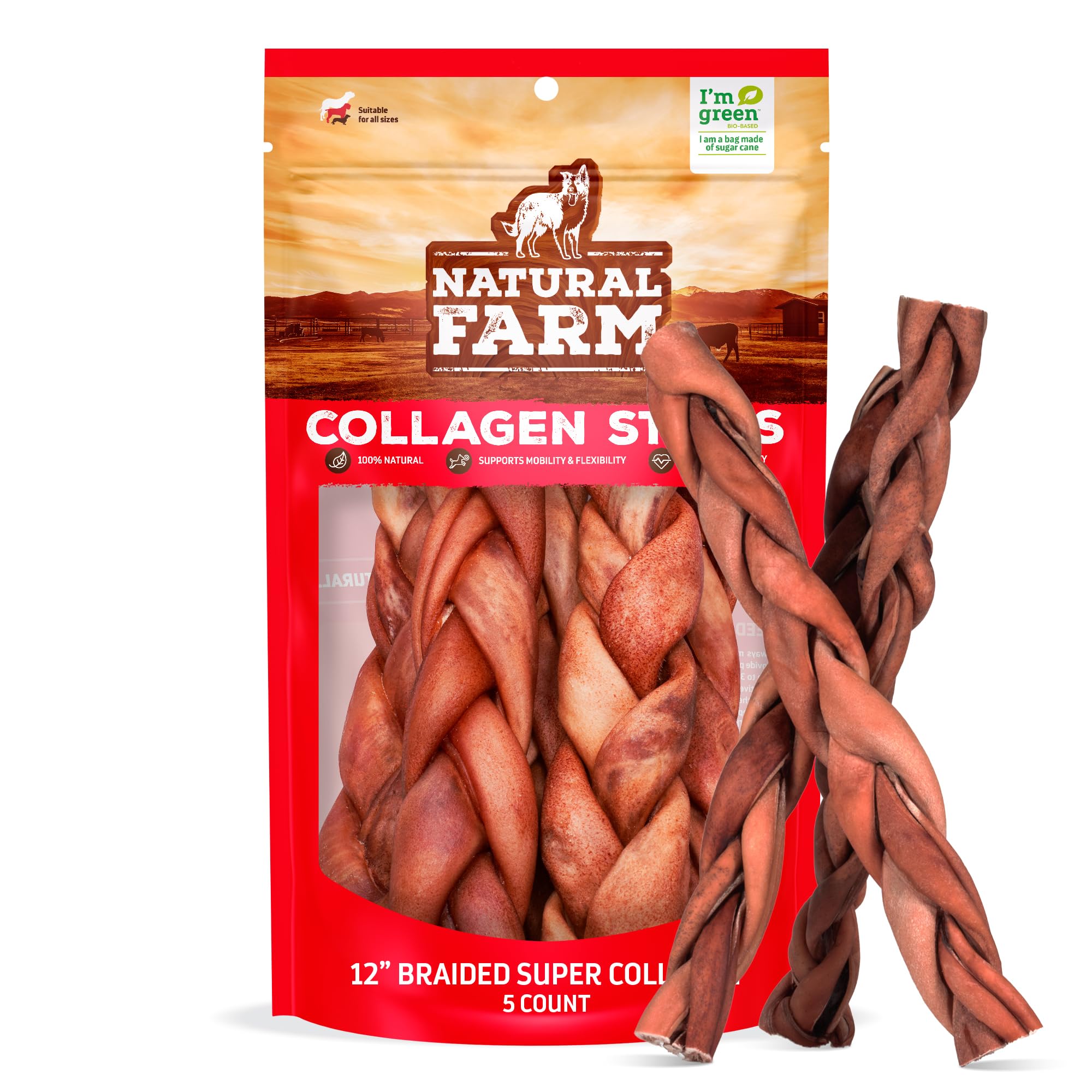 Natural Farm Odor-Free Super Braided Collagen Dog Chews front-pack view and 5-pack size.