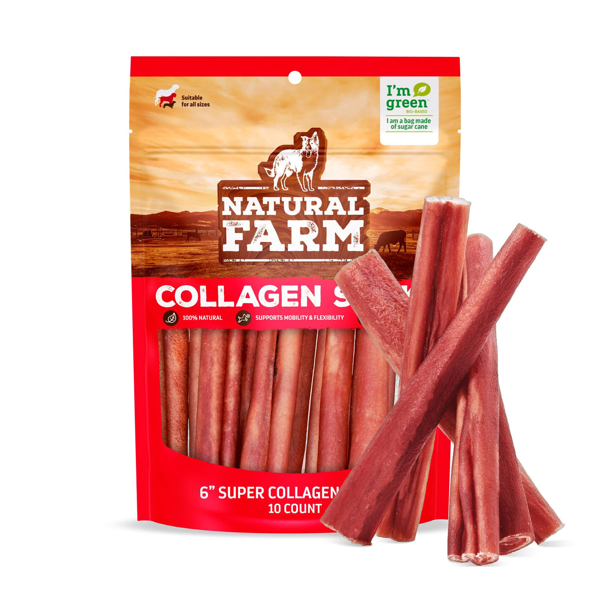 Natural Farm Odor-Free Super Collagen dog chews pack shown with 10 sticks for long-lasting chew.
