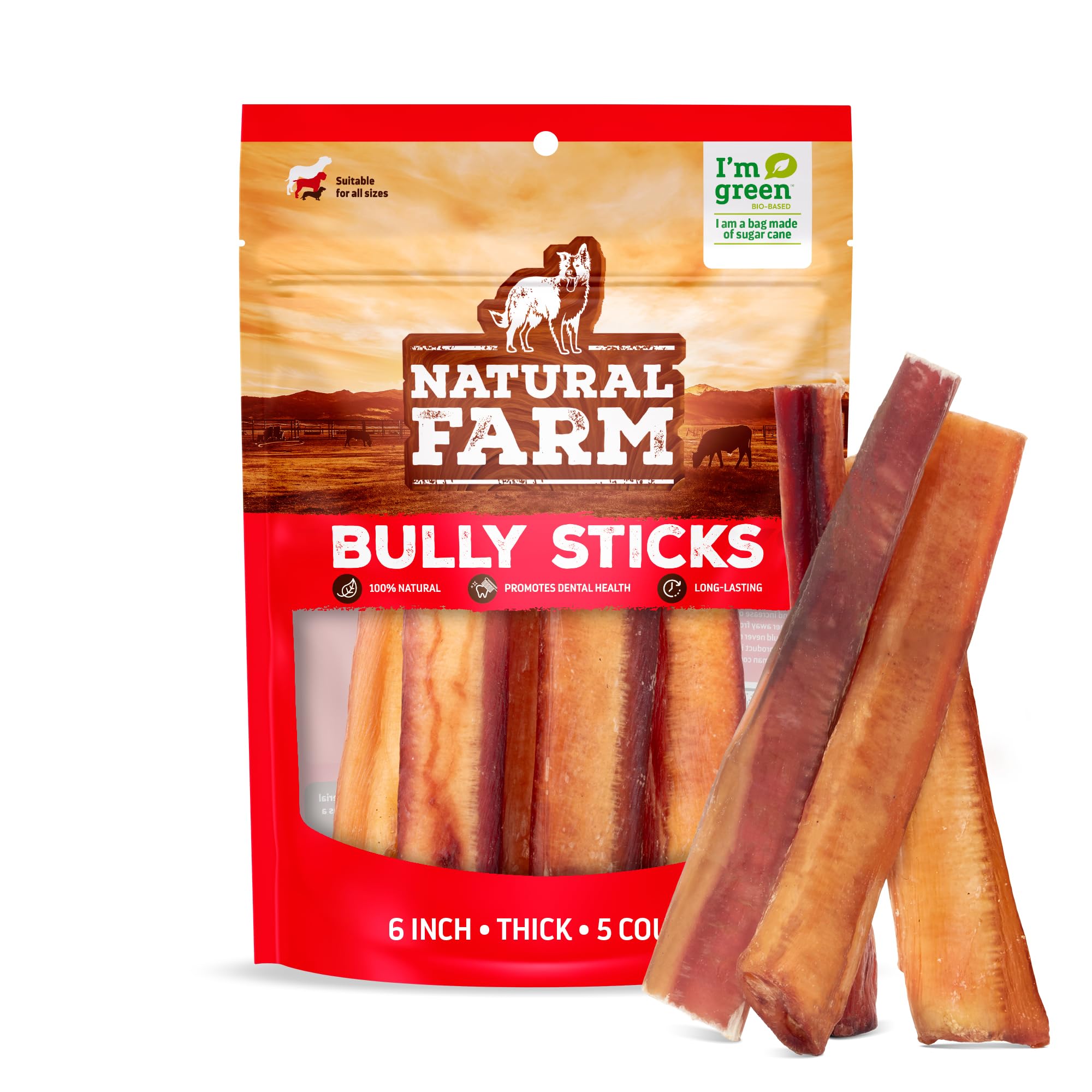 Natural Farm odor-free thick bully sticks in 6-inch form, ideal for long chew sessions.