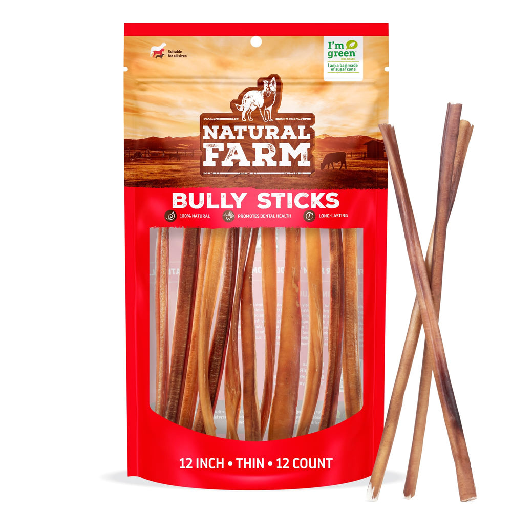 Natural Farm Odor-Free Thin Bully Sticks 12-inch 12-pack for heavy chewers