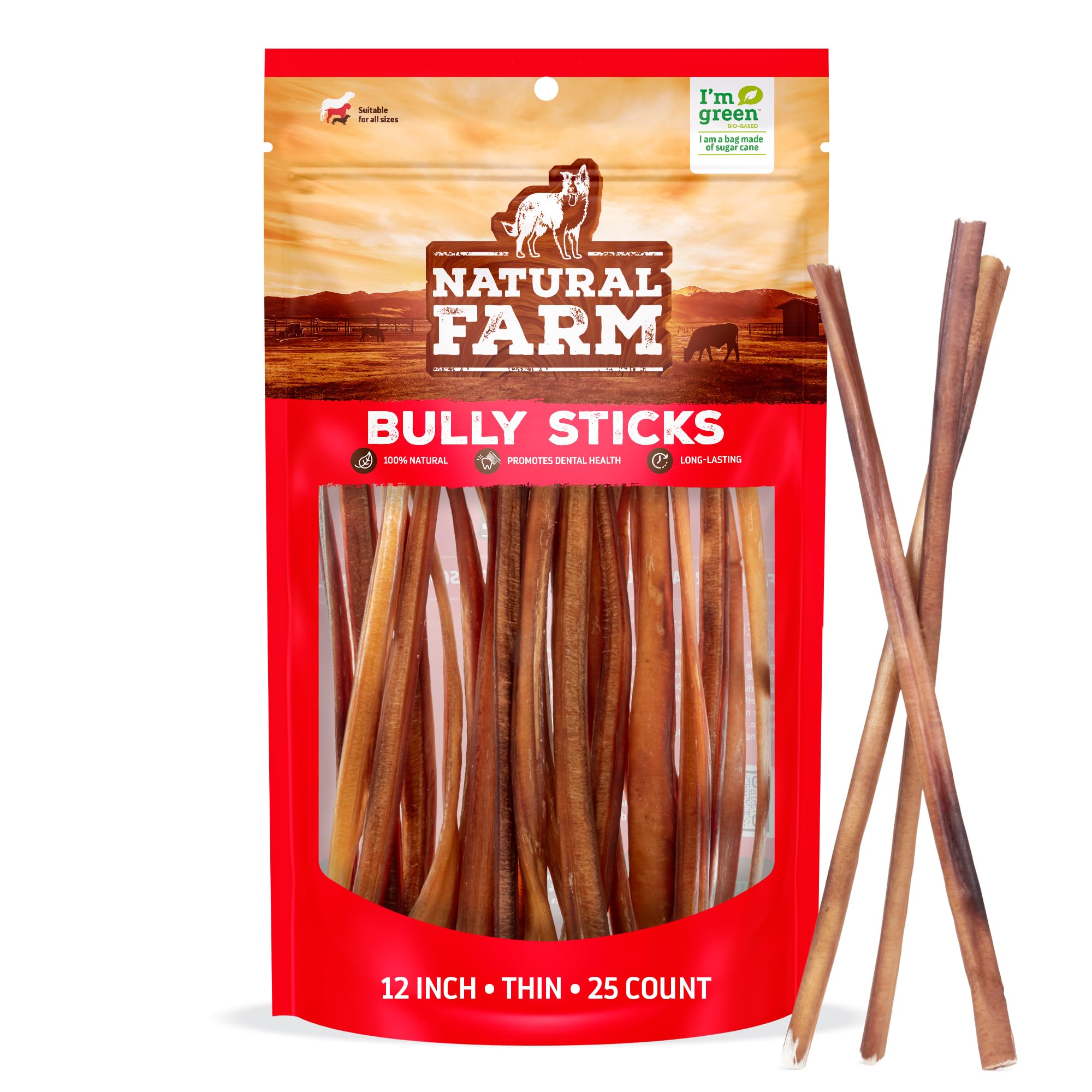 Natural Farm Odor-Free 12in bully sticks packaging for large dogs.