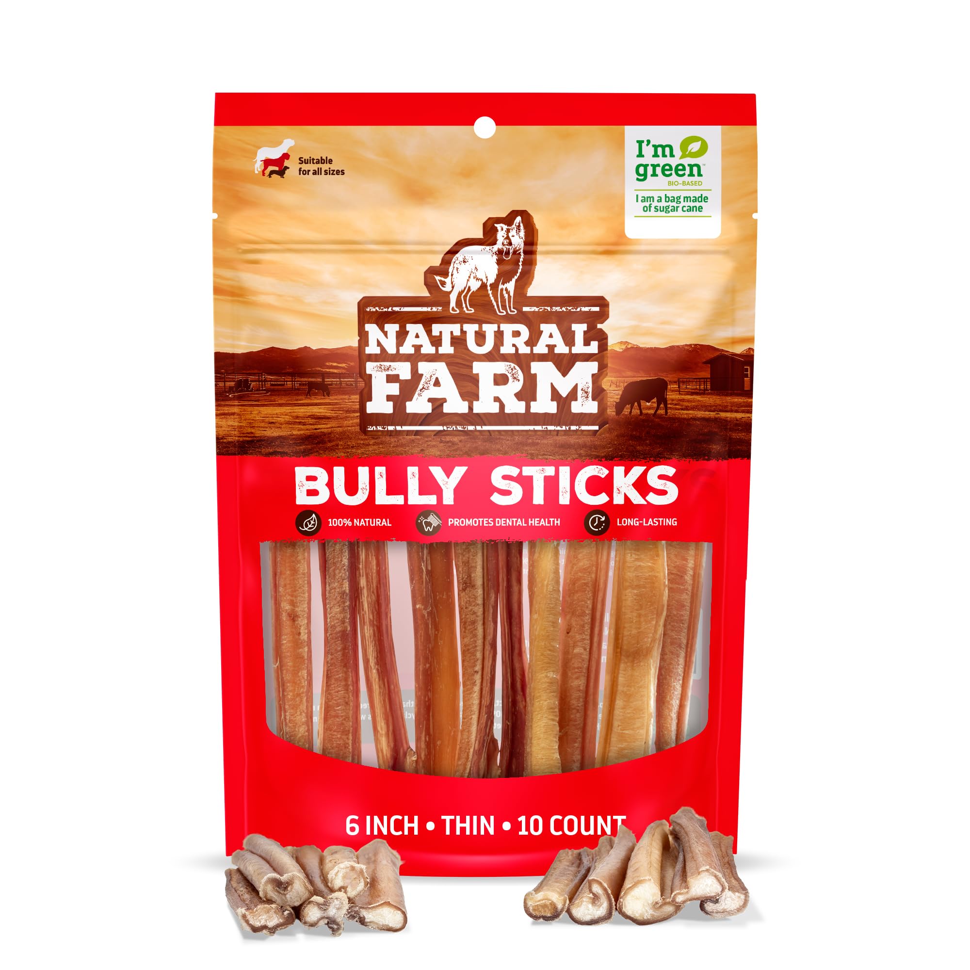 Natural Farm Odor-Free Thin Bully Sticks 6 inch 10-pack for calm training sessions.