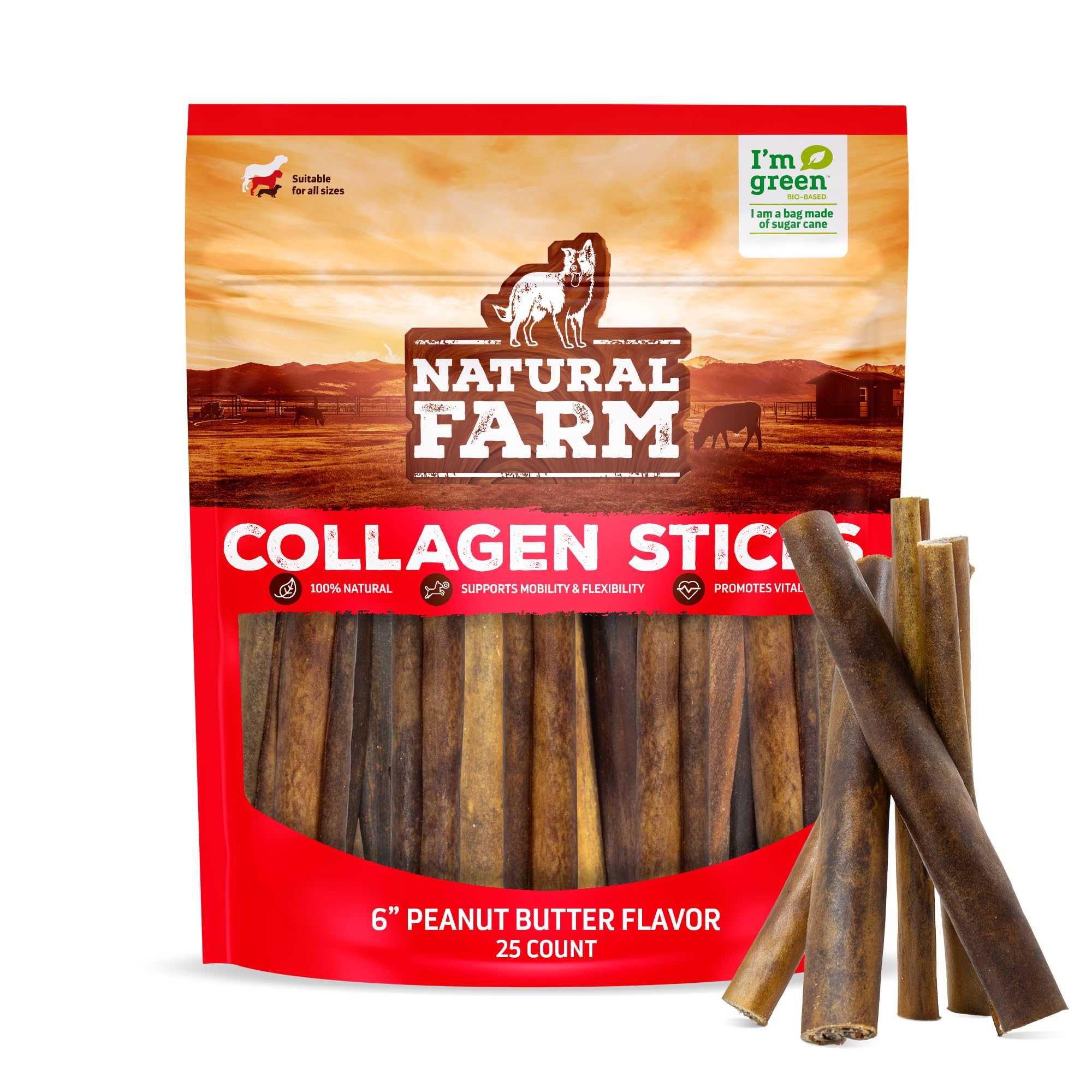 Natural Farm peanut butter collagen sticks pack for dogs highlighting long-lasting chew