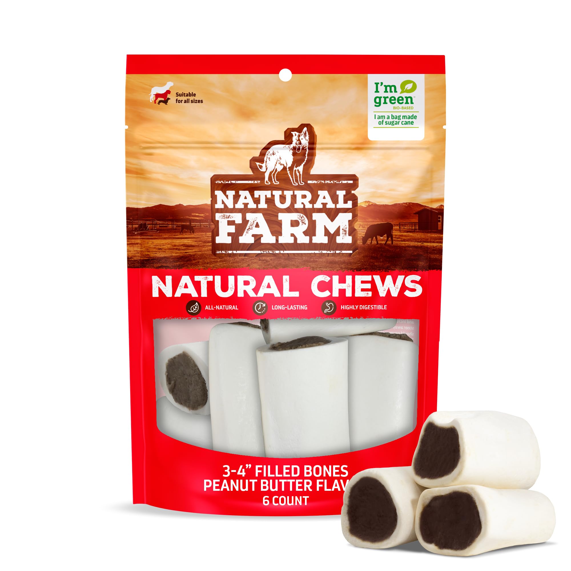 Natural Farm peanut butter filled bones 3-4 inch long-lasting chew for dogs