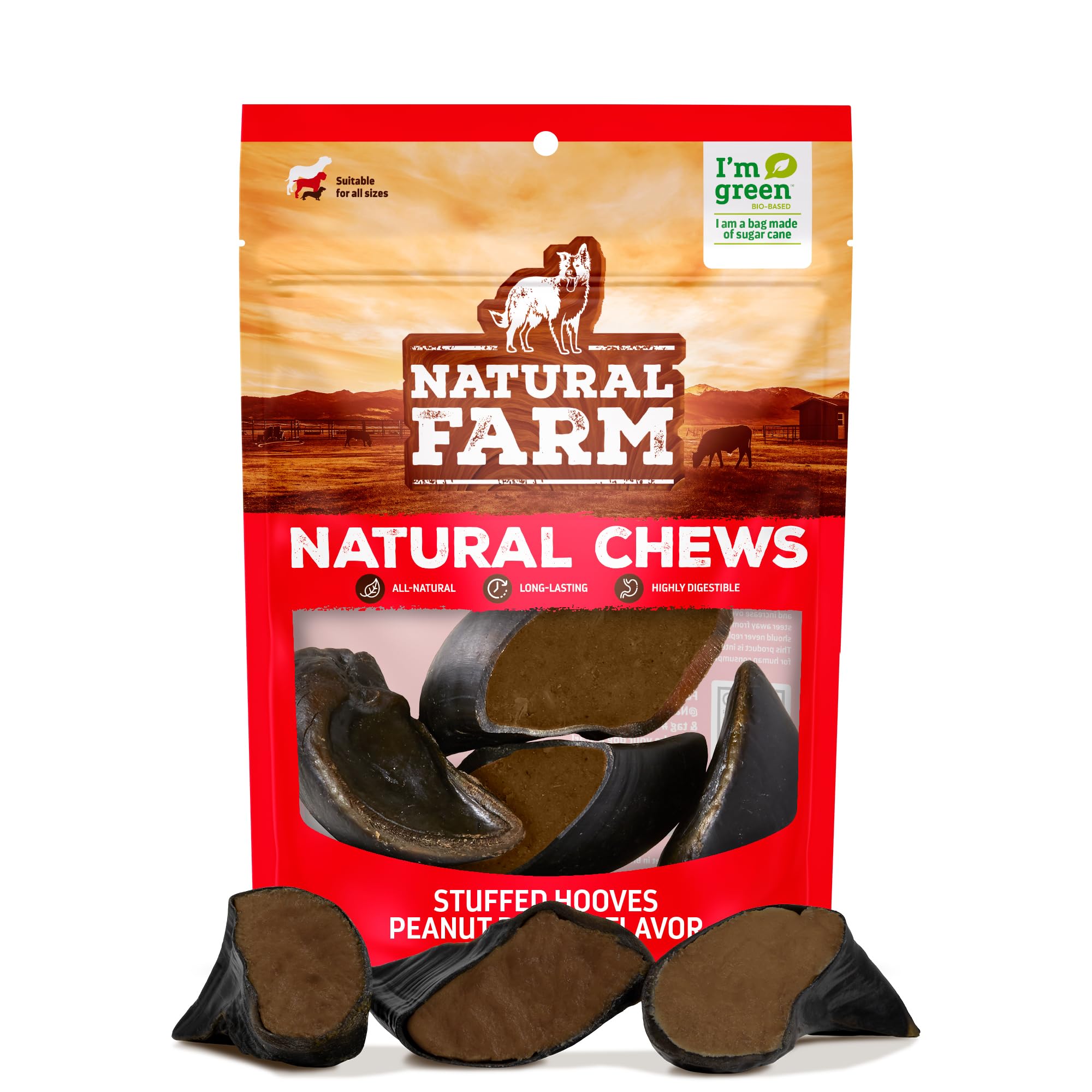 Natural Farm peanut butter filled cow hooves, pack front, long-lasting chews for dogs.