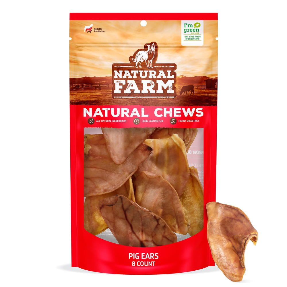Natural Farm Pig Ears packaging front highlights 100% natural, single-ingredient dog chew.