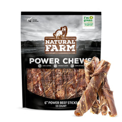 Natural Farm Power Beef Sticks packaging showing dual-texture chew for longer engagement