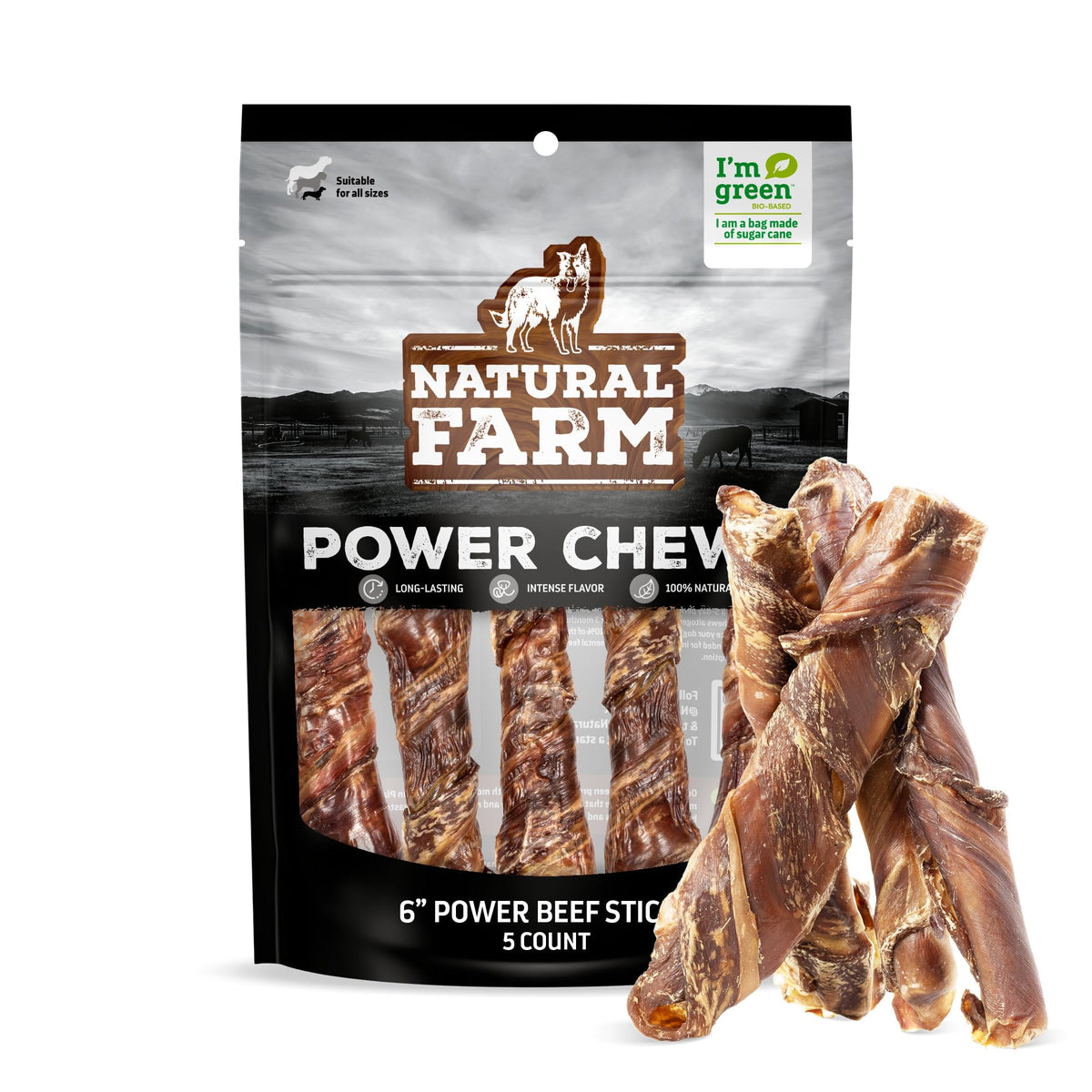 Natural Farm Power Beef Sticks packaging shown for durable dog chews.