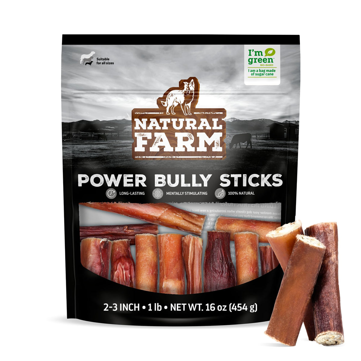Natural Farm Power Bully Sticks 2-3 inch pack, durable beef cheek wrapped chew for rewards.