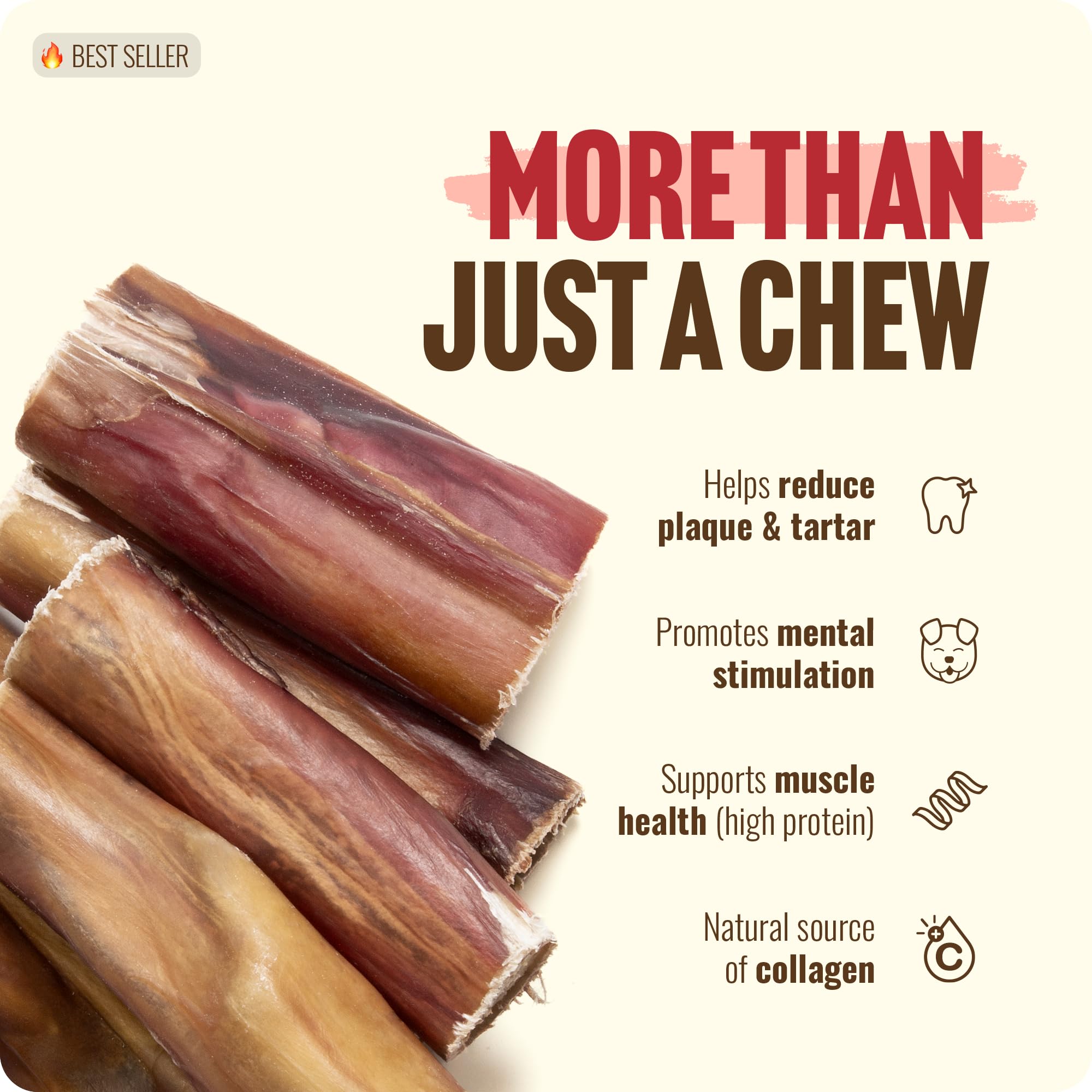 Natural Farm Power Bully Sticks promote dental health with tartar reduction.