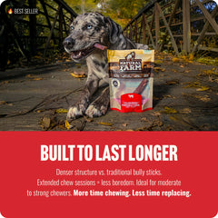 Natural Farm Power Bully Sticks beef cheek texture, grass-fed protein for muscles and coat.