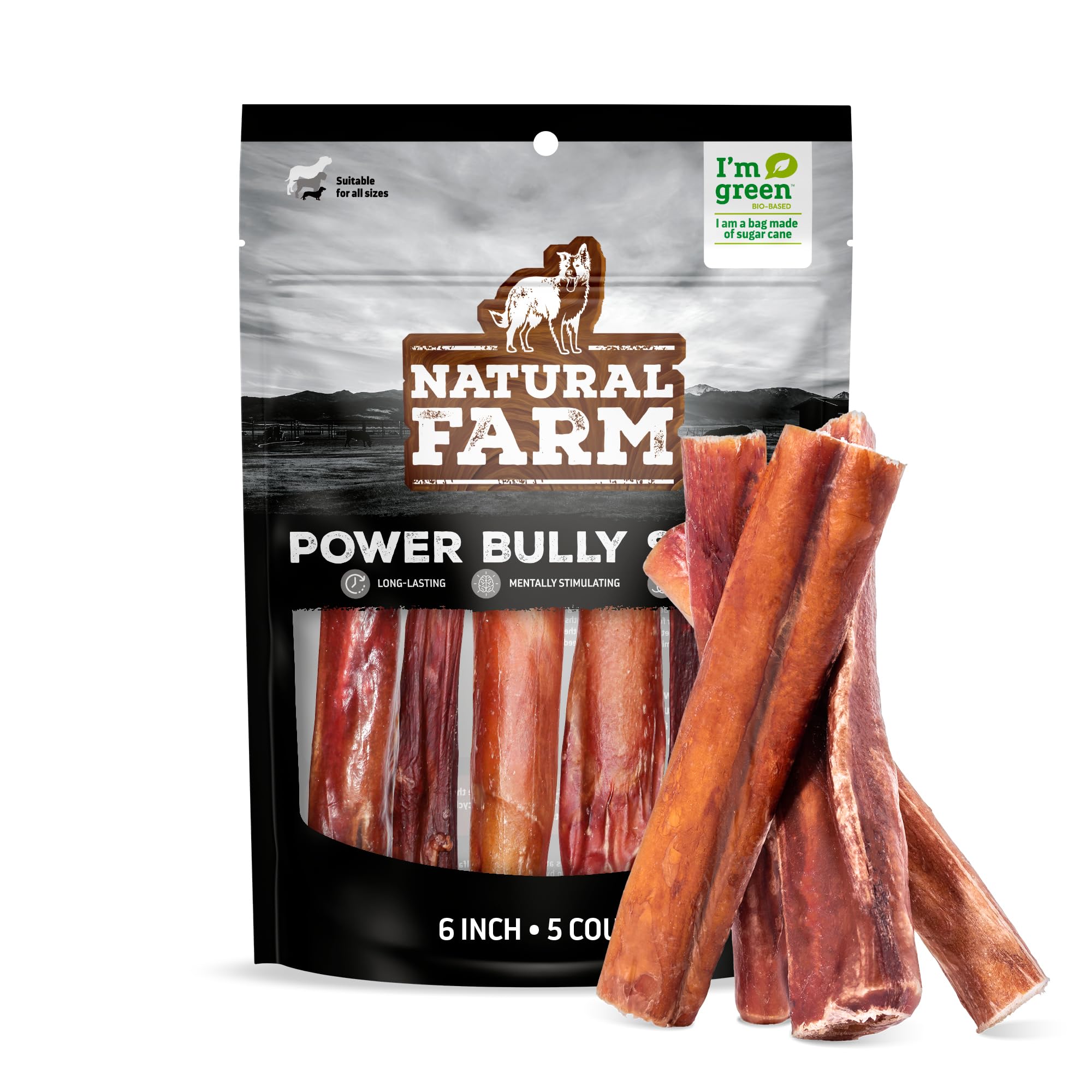 Natural Farm Power Bully Sticks pack front view shows a long-lasting chew for dogs.