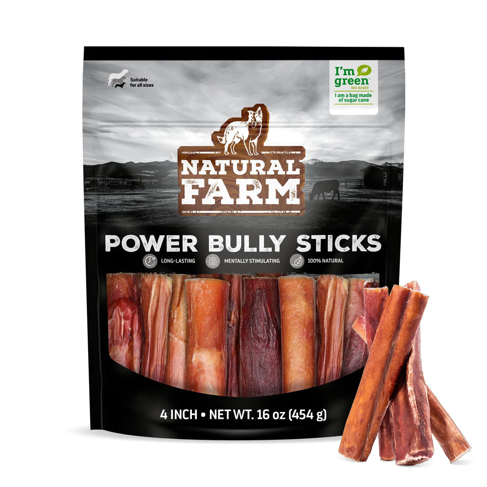 Natural Farm Power Bully Sticks packaging displaying premium beef ingredients