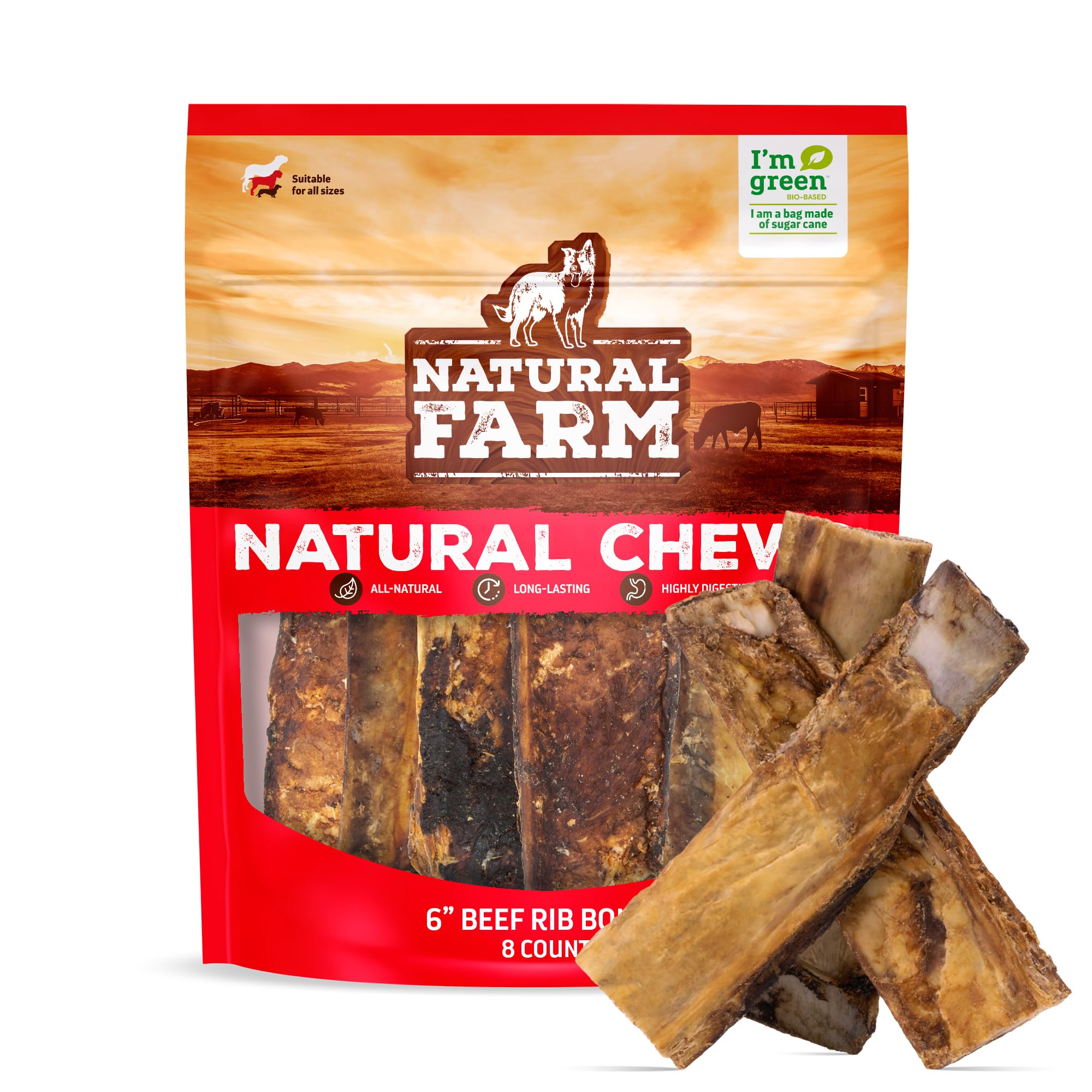 Natural Farm rib bones for dogs, 6-inch chew, 8-pack, long-lasting entertainment.