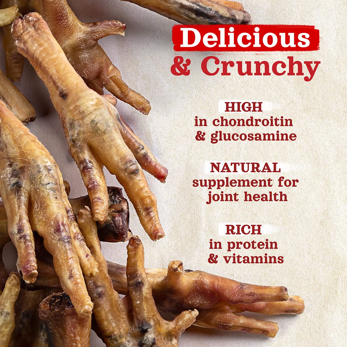 Label emphasizes single-ingredient chicken feet purity for dogs.