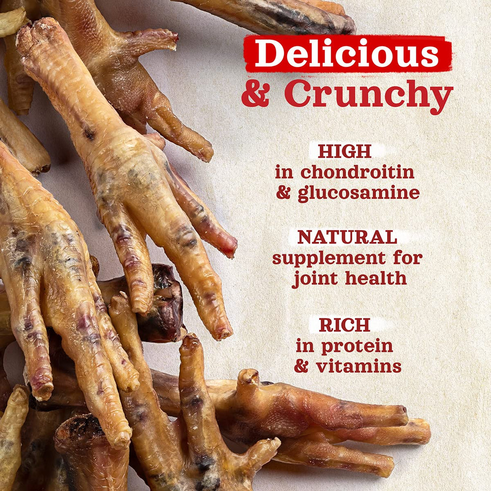 Label emphasizes single-ingredient chicken feet purity for dogs.