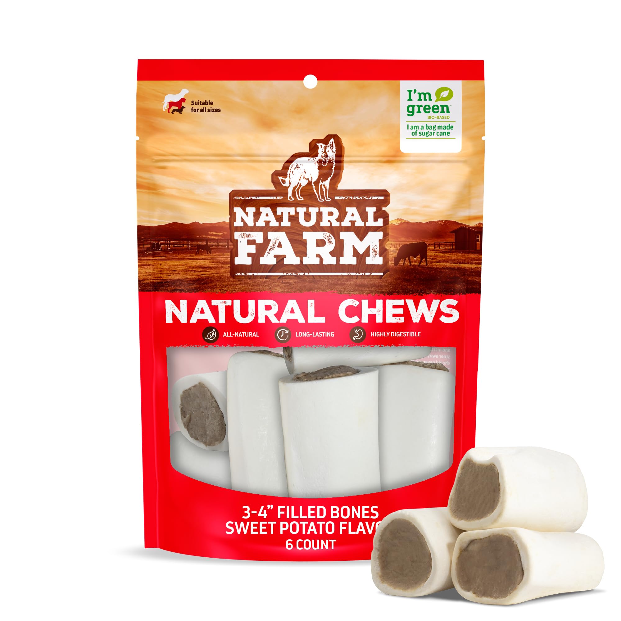Natural Farm Sweet Potato Filled Bones pack front, ideal for long-lasting canine chewing.