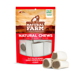 Natural Farm Sweet Potato Filled Bones pack front, ideal for long-lasting canine chewing.