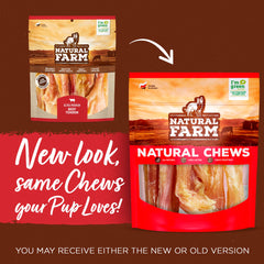 Natural Farm Tendons six-pack packaging demonstrates suitability for all dog sizes.