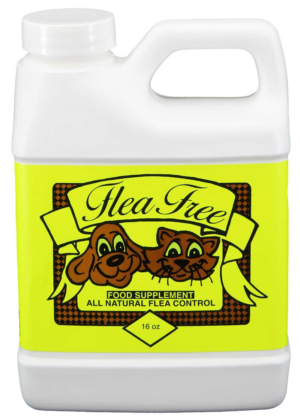Natural Pet Products Flea-Free bottle pour showing easy daily dosing for pets