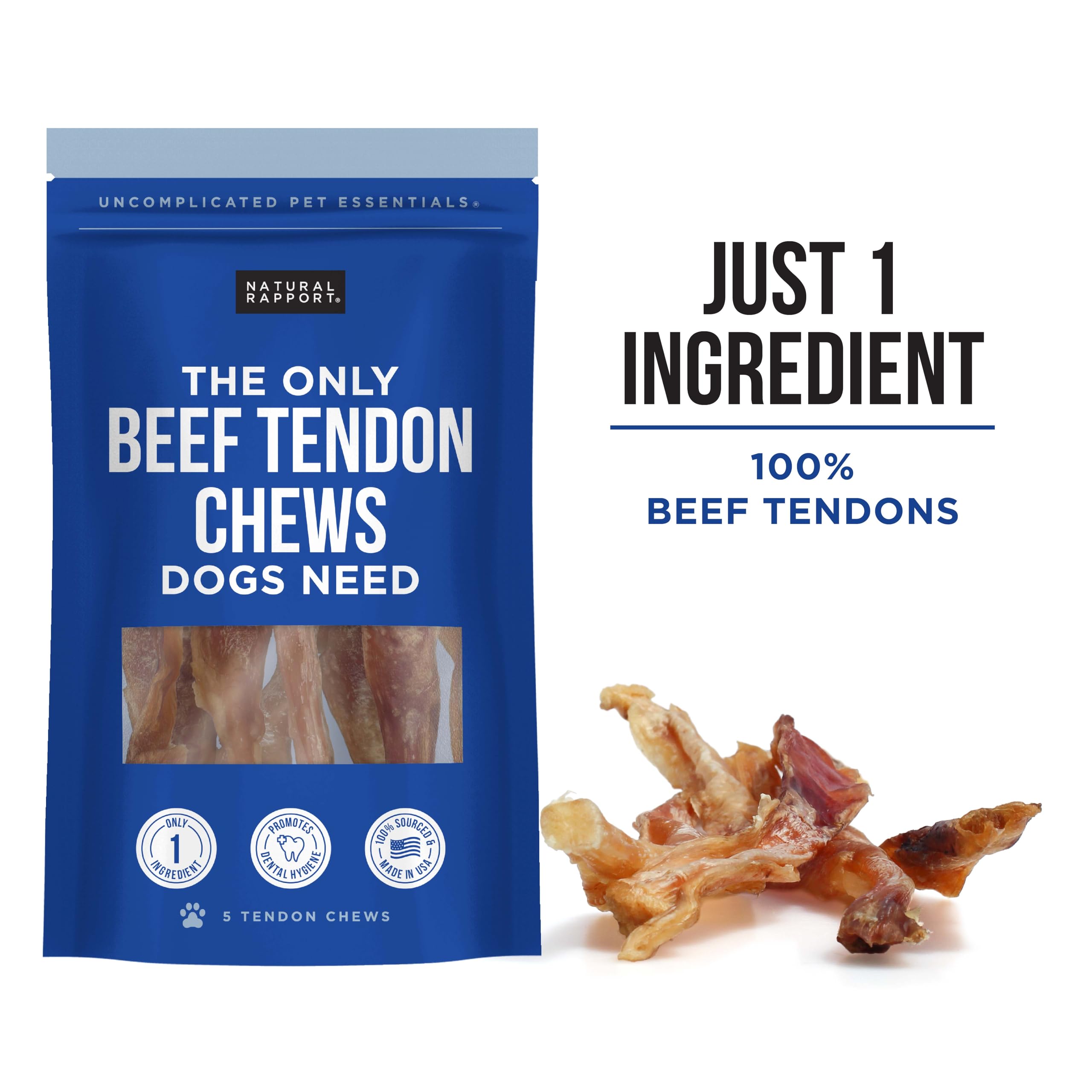 Natural Rapport beef tendon dog chew dog-chewing scene indicating joint and dental benefits