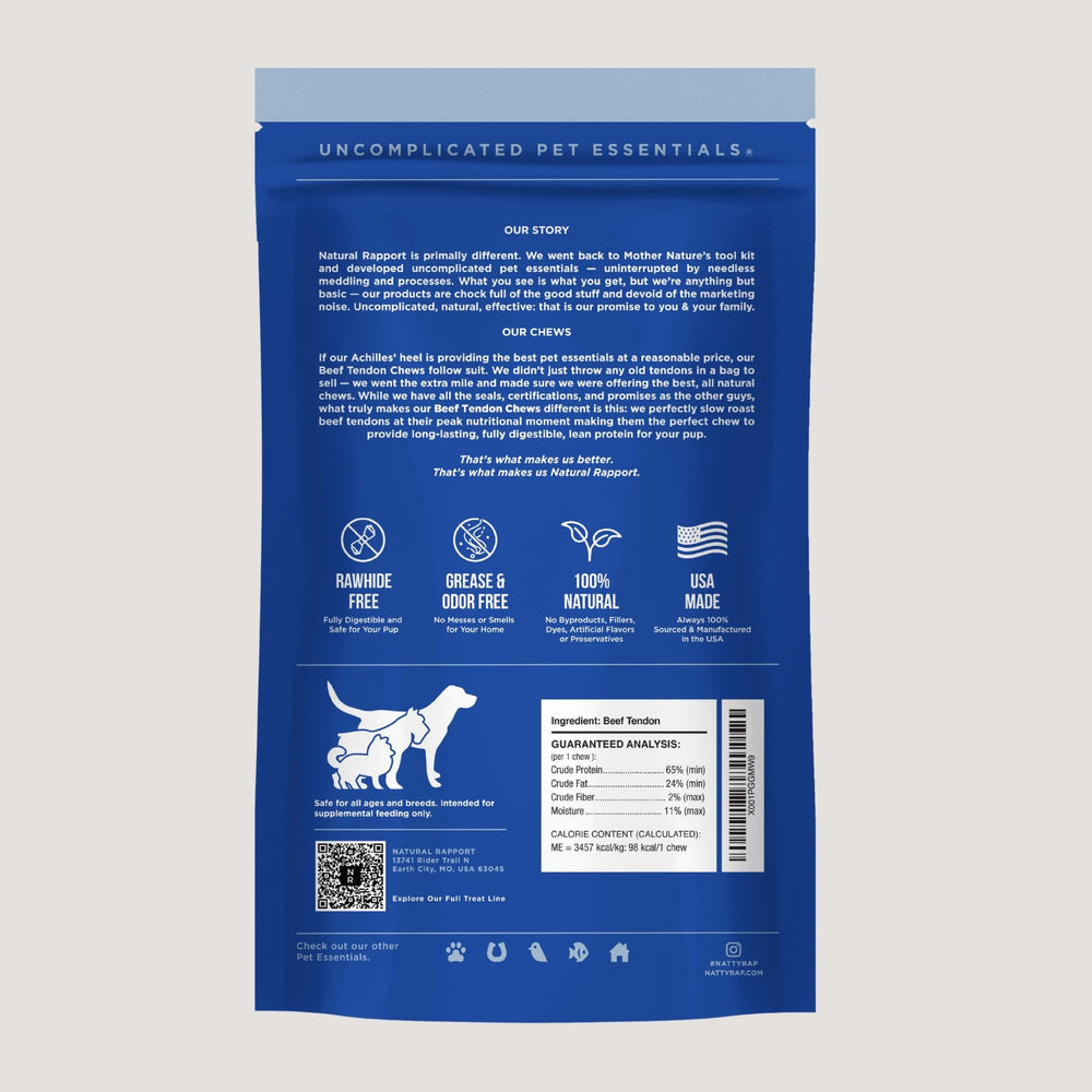 Natural Rapport beef tendon chews odor-free design reduces grease