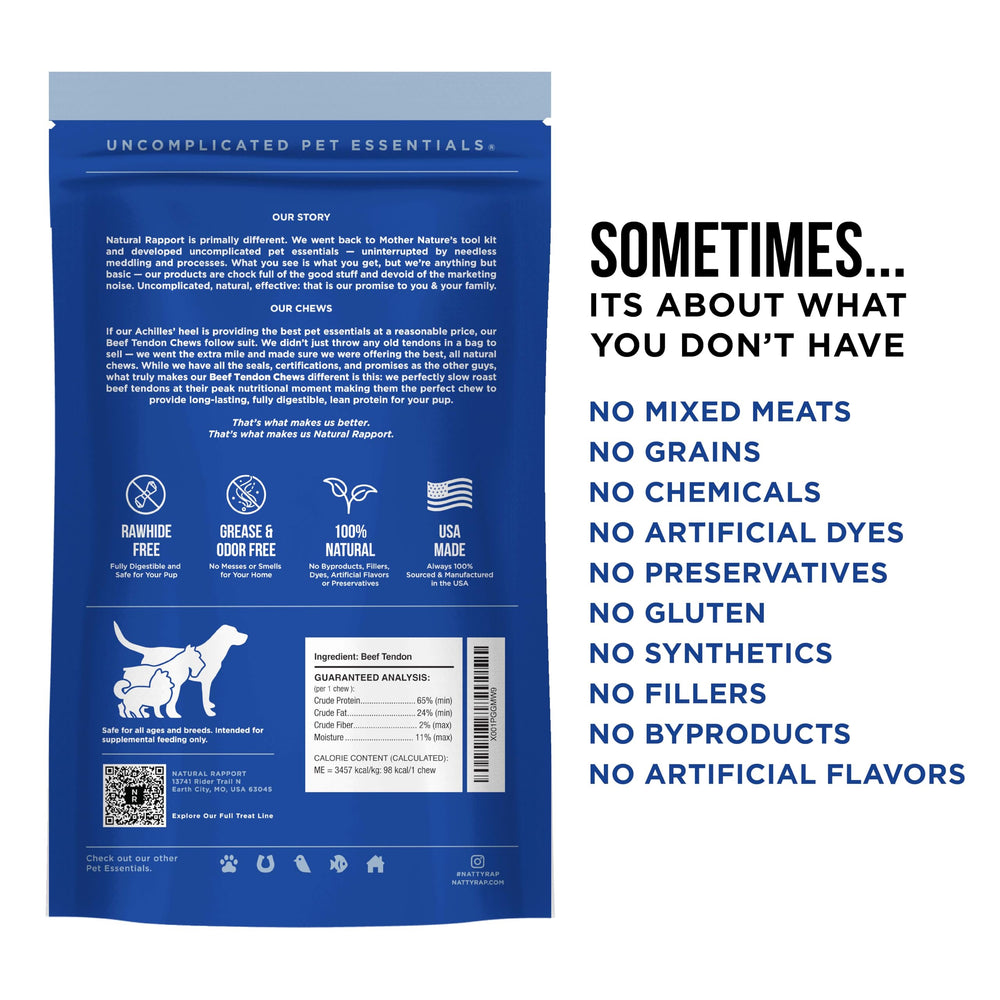Natural Rapport beef tendon dog chews texture closeup highlighting durable chew