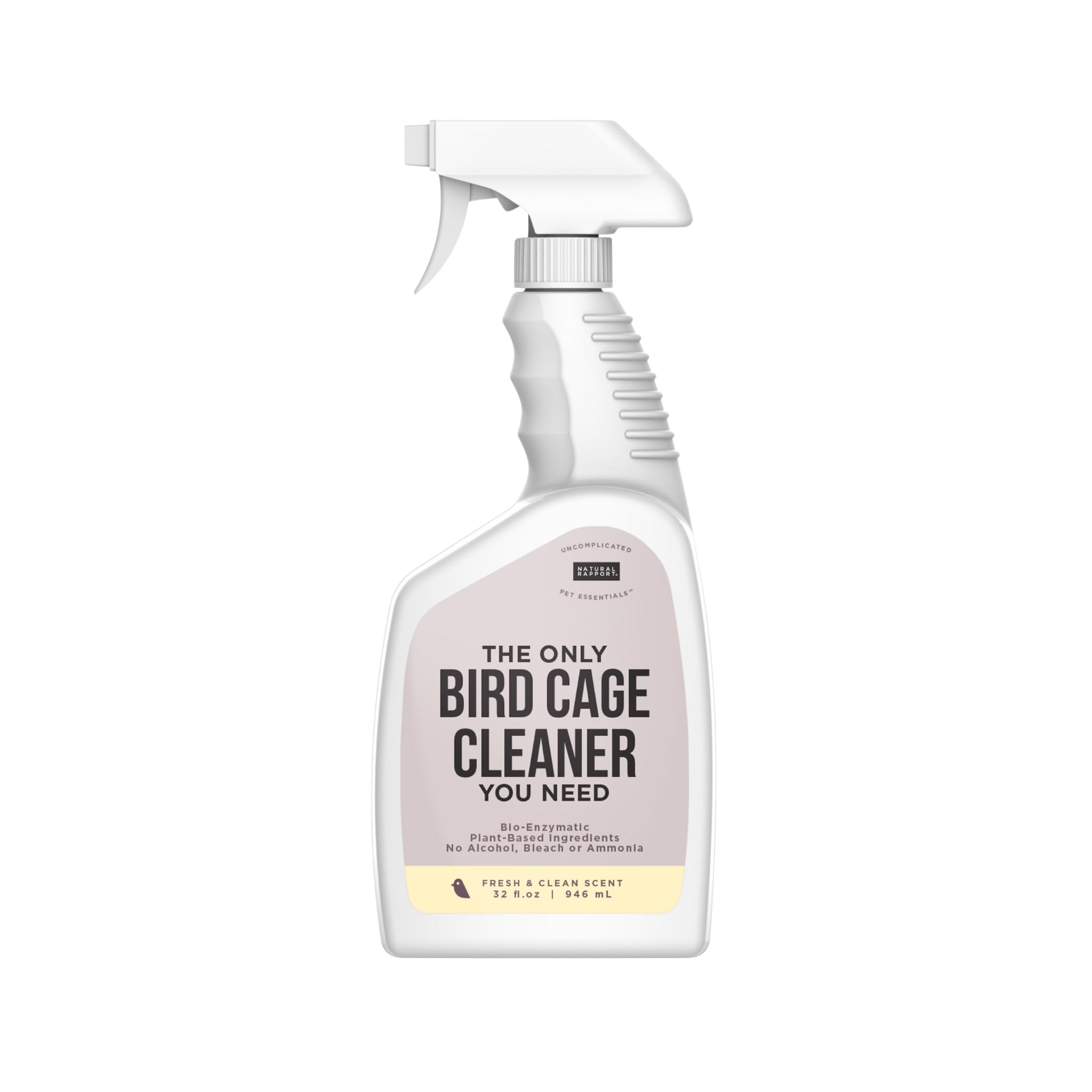 Natural Rapport Bird Cage Cleaner bottle front shows safe, powerful cleaner.
