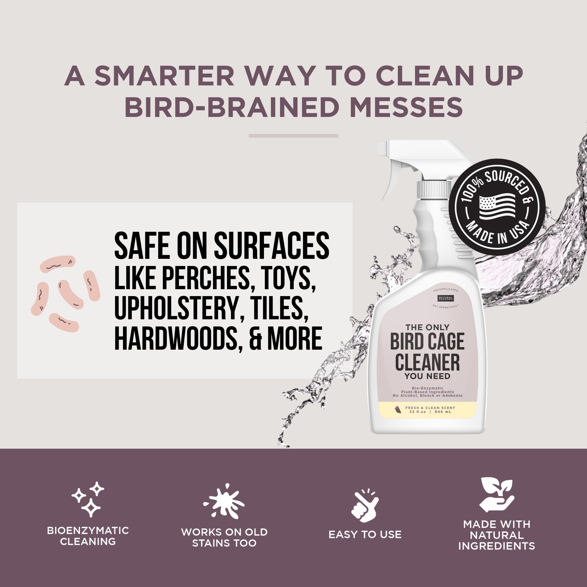 Natural Rapport safe-for-all-bird-types label shown on bottle.
