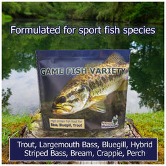 Natural Waterscapes trout-bass-bluegill feeding scene for sport fish in ponds.