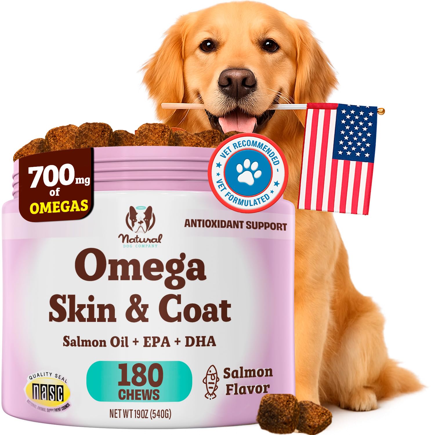 Natural Dog Company Omega Chews bottle pour supports skin and coat health.