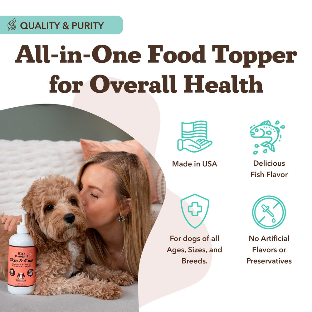 Natural Dog Company Skin & Coat Oil bottle with label clear ingredient information.